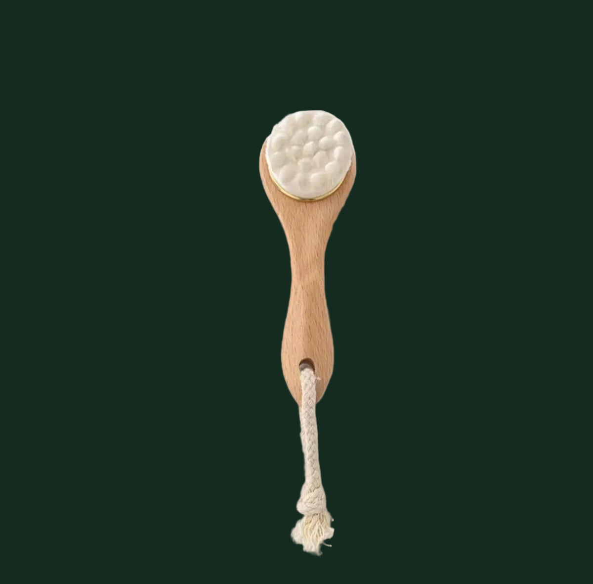 Body brush with wooden handle and white bristle head